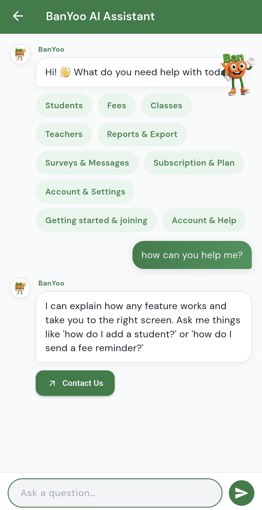BanYoo AI Assistant greeting and topic chips for students, fees, classes and more